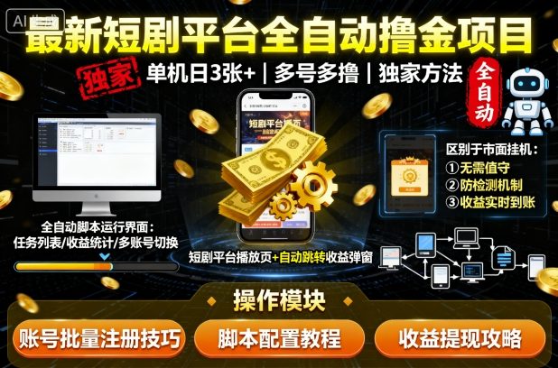 最新短剧平台全自动挂G撸金项目，单机一天3张+，多号多撸，区别于市面所有挂机项目，独家方法【揭秘】-Scorpio丨网创