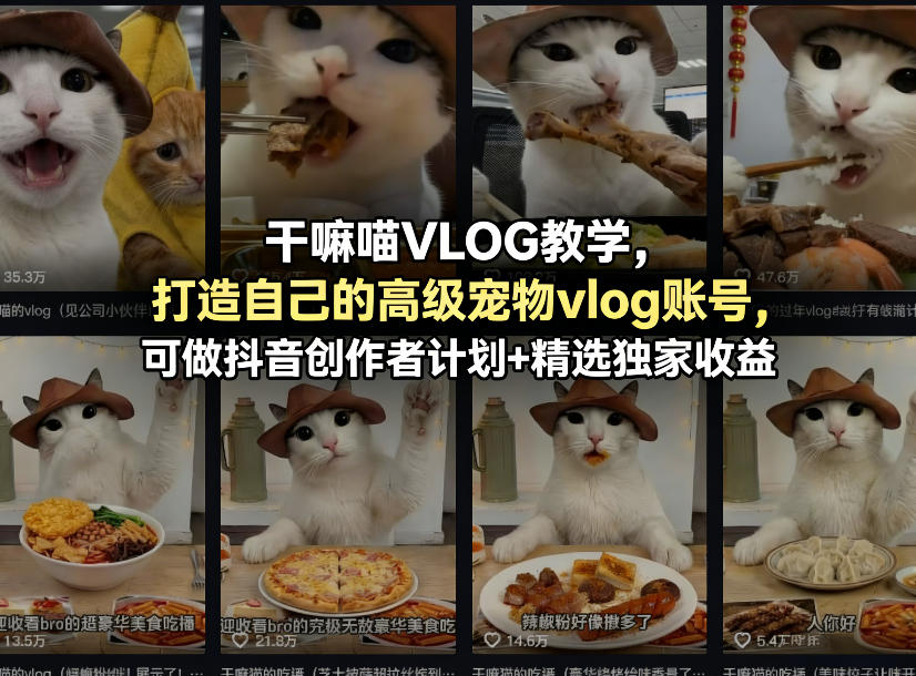 干嘛喵VLOG教学，打造自己的高级宠物vlog账号，可做抖音创作者计划+精选独家收益-Scorpio丨网创