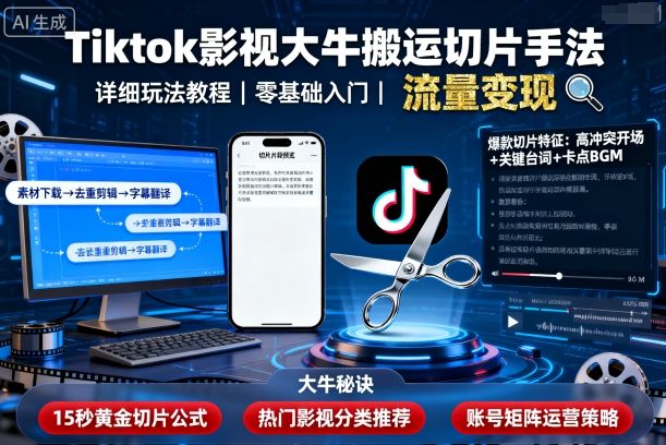 Tiktok影视大牛搬运切片手法，详细玩法教程-Scorpio丨网创
