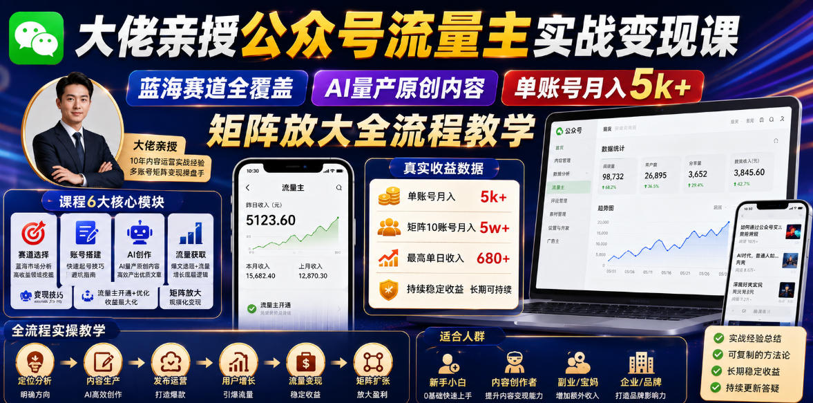 大佬亲授公众号流量主实战变现课，蓝海赛道全覆盖，AI量产原创内容，单账号月入5k+矩阵放大全流程教学-Scorpio丨网创