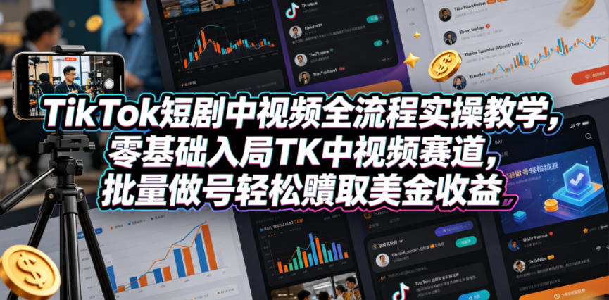 TikTok短剧中视频全流程实操教学，零基础入局TK中视频赛道，批量做号轻松賺取美金收益-Scorpio丨网创