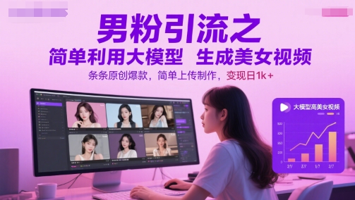 男粉引流之简单利用大模型生成美女视频，条条原创爆款，简单上传制作，变现日1k+-Scorpio丨网创