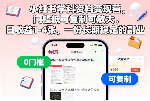 小红书学科资料变现营，门槛低可复制可放大，日收益1-4张，一份长期稳定的副业-Scorpio丨网创