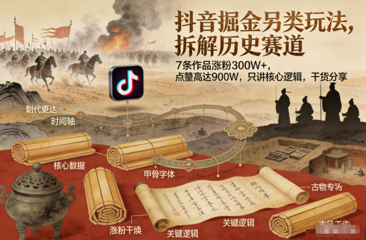 抖音掘金另类玩法，拆解历史赛道，7条作品涨粉300W+，点赞量高达900W，只讲核心逻辑，干货分享-Scorpio丨网创