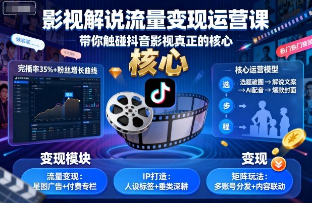 影视解说流量变现运营课,带你触碰抖音影视真正的核心-Scorpio丨网创