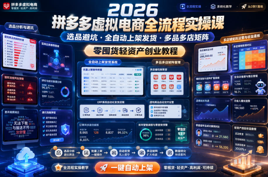 2026拼多多虚拟电商全流程实操课，选品避坑・全自动上架发货・多品多店矩阵，零囤货轻资产创业教程-Scorpio丨网创