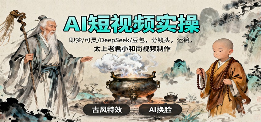 AI短视频实操,即梦/可灵/DeepSeek/豆包,分镜头,运镜,太上老君小和尚视频制作-Scorpio丨网创
