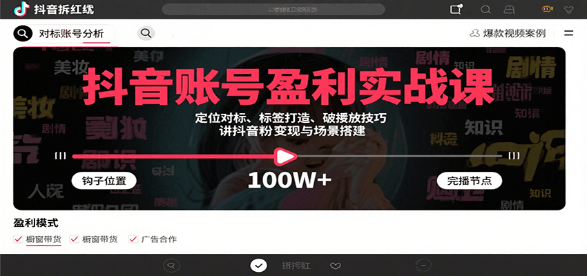 抖音账号盈利实战课，定位对标、标签打造、破播放技巧，讲涨粉变现与场景搭建-Scorpio丨网创