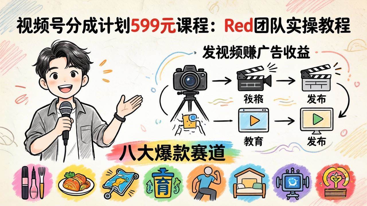 （18088期）视频号分成计划599元课程：Red团队实操教程，发视频赚广告收益，八大爆款赛道全掌握-Scorpio丨网创
