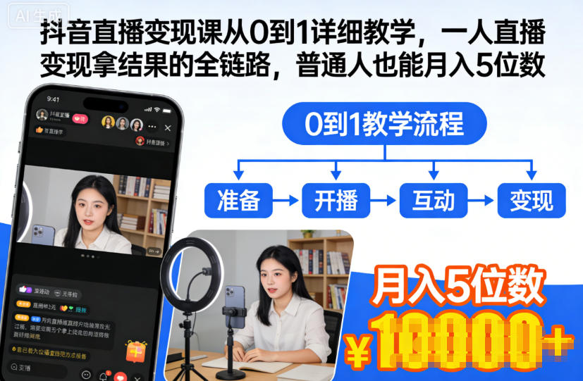 抖音直播变现课从0到1详细教学，一人直播变现拿结果的全链路，普通人也能月入5位数-Scorpio丨网创