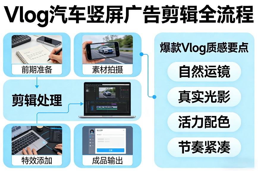 Vlog感觉汽车竖屏广告剪辑脚本全流程，拿捏爆款Vlog质感-Scorpio丨网创