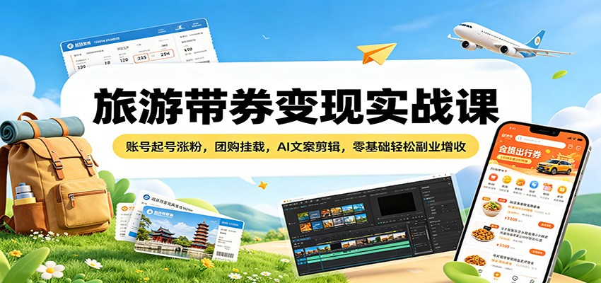 旅游带券变现实战课：账号起号涨粉，团购挂载，AI文案剪辑，零基础轻松副业增收-Scorpio丨网创