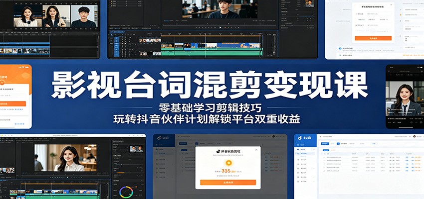 影视台词混剪变现课:零基础学习剪辑技巧,玩转抖音伙伴计划解锁平台双重收益-Scorpio丨网创