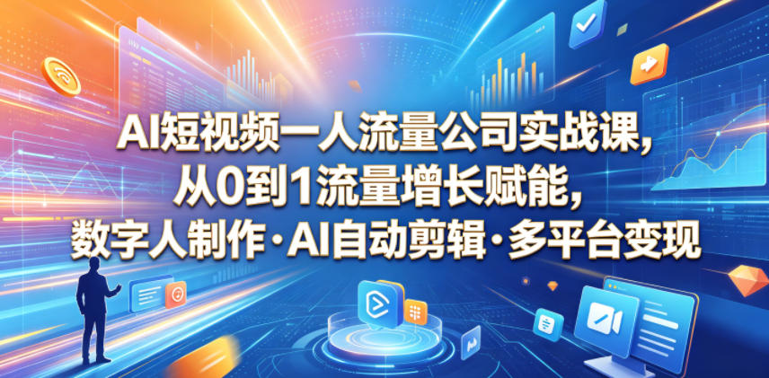 AI短视频一人流量公司实战课，从0到1流量增长赋能，数字人制作・AI自动剪辑・多平台变现，一人做流量生意全落地教程-Scorpio丨网创