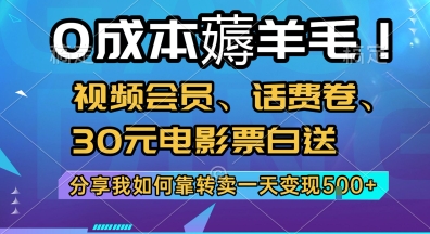 0成本薅羊毛!视频会员、话费卷、30元电影票白送,分享我如何靠转卖一天变现5张+【揭秘】-Scorpio丨网创