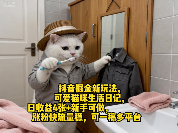 抖音掘金新玩法，可爱猫咪生活日记，日收益4张+新手可做，涨粉快流量稳，可一稿多平台-Scorpio丨网创