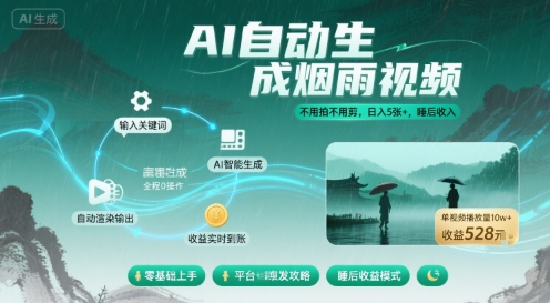 不用拍不用剪！AI自动生成烟雨视频，日入5张+，睡后收入-Scorpio丨网创