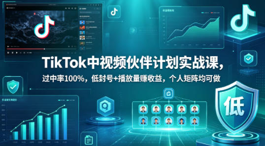 TikTok中视频伙伴计划实战课，过中率100%，低封号+播放量賺收益，个人矩阵均可做-Scorpio丨网创