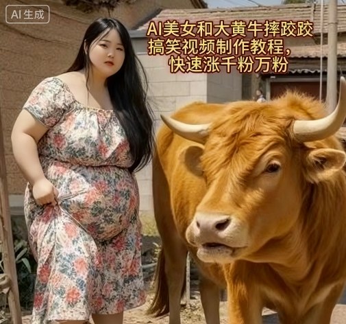 AI美女和大黄牛摔跤搞笑荒诞视频制作教程,快速涨千粉万粉-Scorpio丨网创