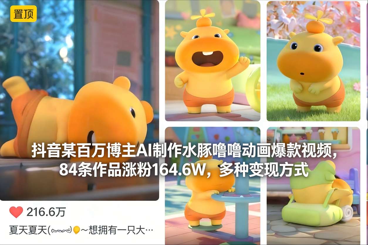 抖音某百万博主AI制作水豚噜噜动画爆款视频，84条作品涨粉164.6W，多种变现方式-Scorpio丨网创