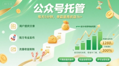 【公众号托管 】我提供文章,你发布,每天5分钟,单篇最高收益1k+【揭秘】-Scorpio丨网创