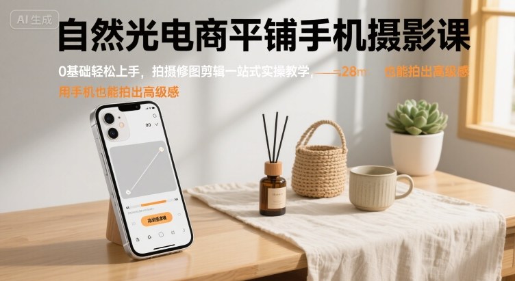 自然光电商平铺手机摄影课,0基础轻松上手,拍摄修图剪辑一站式实操教学,用手机也能拍出高级感-Scorpio丨网创