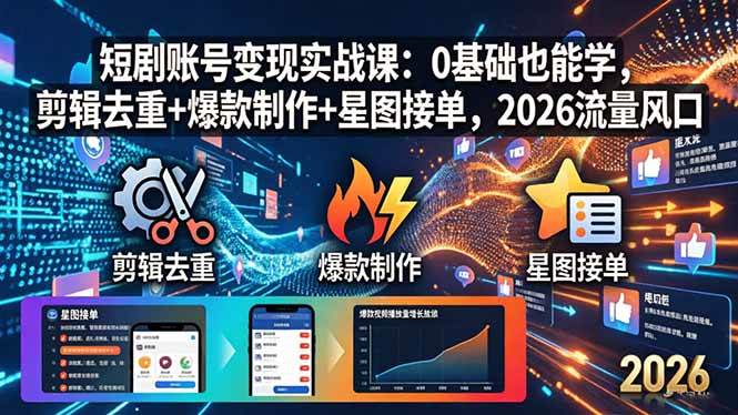 （18160期）短剧账号变现实战课：0基础也能学，剪辑去重+爆款制作+星图接单，2026流量风口-Scorpio丨网创