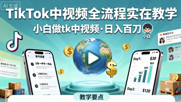 TikTok中视频全流程实操教学,小白做tk中视频,日入百刀-Scorpio丨网创