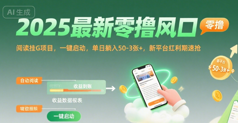 2025最新零撸风口，阅读挂G项目，一键启动，单日躺入 50-3张+，新平台红利期速抢【揭秘】-Scorpio丨网创