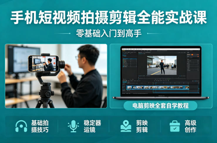 手机短视频拍摄剪辑全能实战课:零基础入门到高手,稳定器运镜+电脑剪映全套自学教程-Scorpio丨网创
