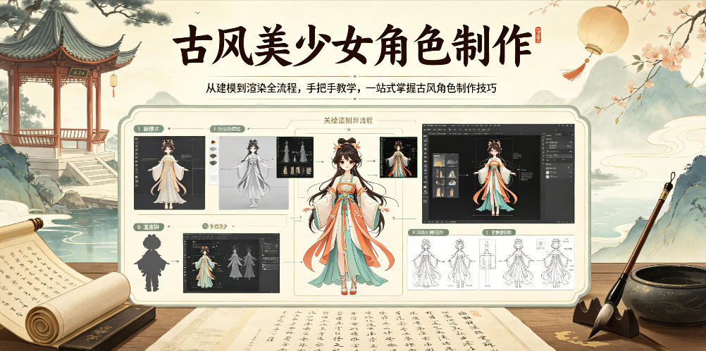 古风美少女角色制作，从建模到渲染全流程，手把手教学，一站式掌握古风角色制作技巧-Scorpio丨网创