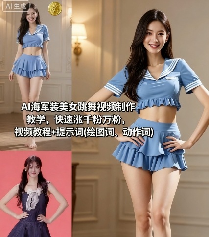 AI海军装美女跳舞视频制作教学,快速涨千粉万粉,视频教程+提示词(绘图词、动作词)-Scorpio丨网创