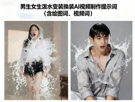 男生女生泼水变装换装AI视频制作提示词(含绘图词、视频词)-Scorpio丨网创