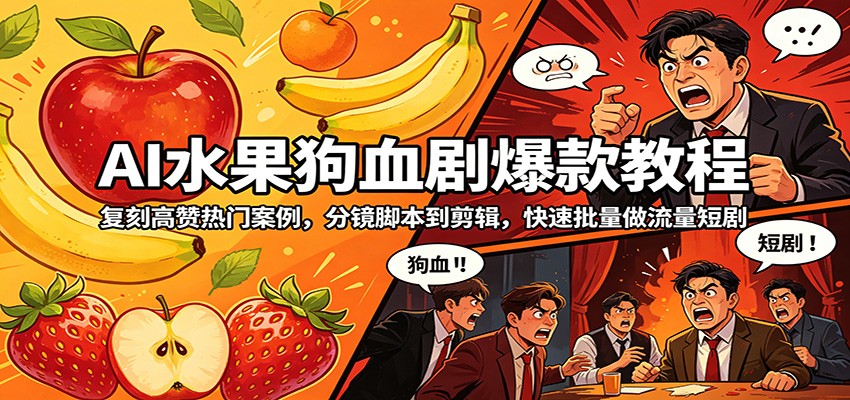 AI水果狗血剧爆款教程：复刻高赞热门案例，分镜脚本到剪辑，快速批量做流量短剧-Scorpio丨网创